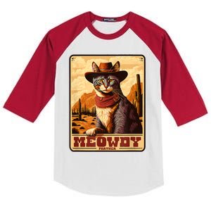 Meowdy! Funny Country Music Cat Cowboy Hat Wanted Poster Kids Colorblock Raglan Jersey