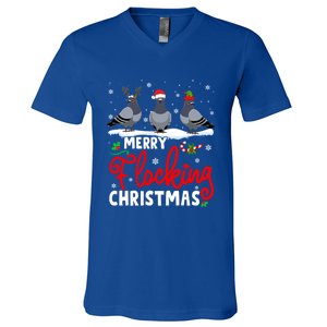 Merry Flocking Christmas Reindeer Santa Elf Pigeon Xmas Gift V-Neck T-Shirt