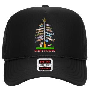 Merry Fishmas Christmas Tree High Crown Mesh Back Trucker Hat