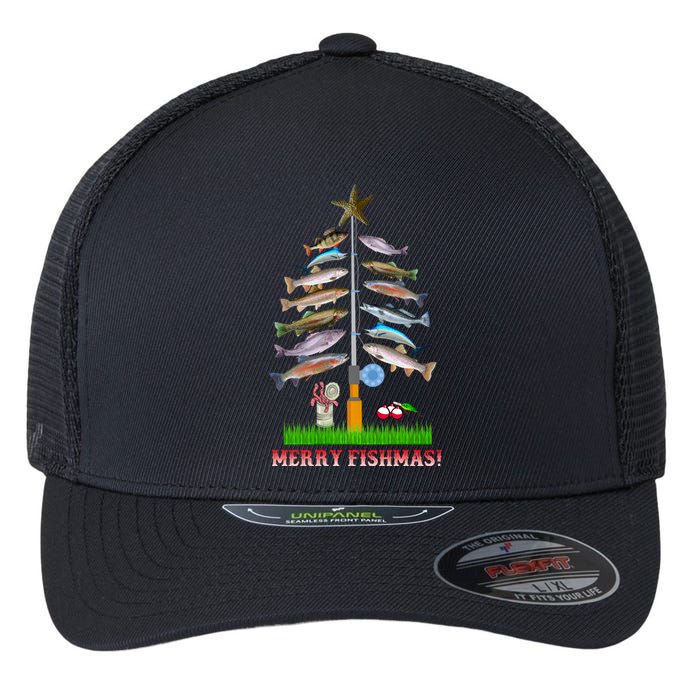 Merry Fishmas Christmas Tree Flexfit Unipanel Trucker Cap