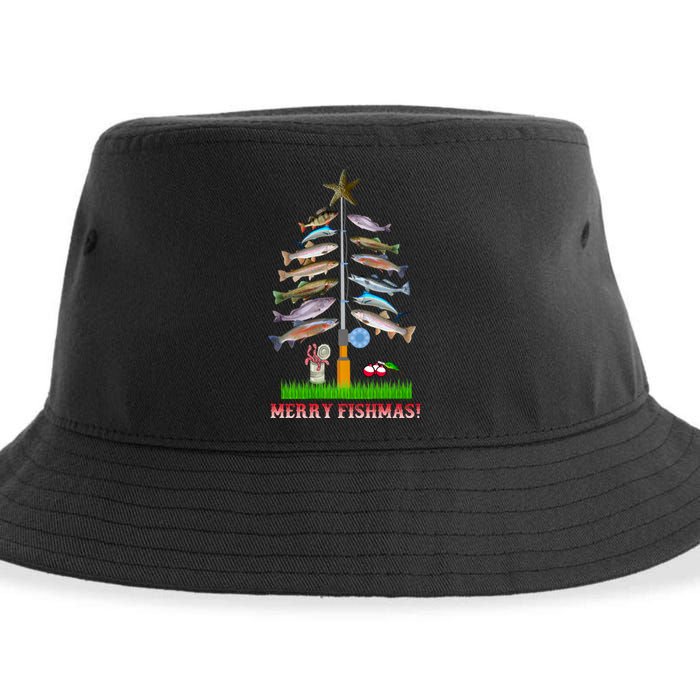 Merry Fishmas Christmas Tree Sustainable Bucket Hat