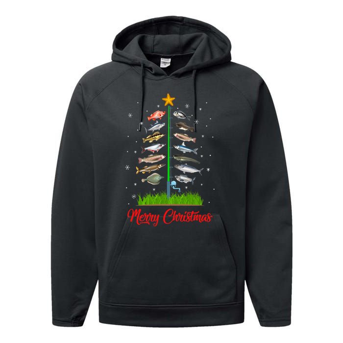 Merry Fishmas Christmas Tree Fish Fishing Performance Fleece Hoodie