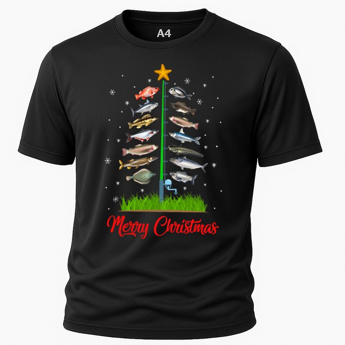 Merry Fishmas Christmas Tree Fish Fishing Cooling Performance Crew T-Shirt