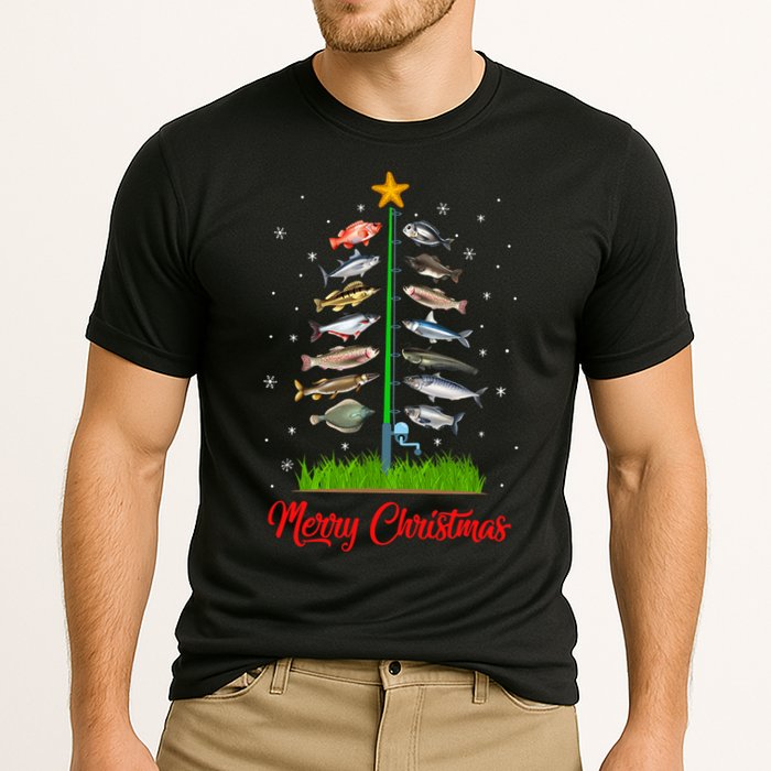 Merry Fishmas Christmas Tree Fish Fishing Cooling Performance Crew T-Shirt