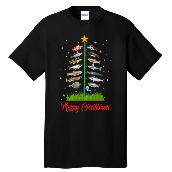 Merry Fishmas Christmas Tree Fish Fishing Tall T-Shirt