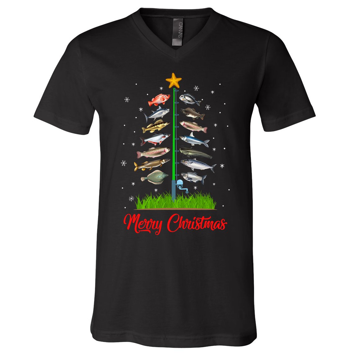 Merry Fishmas Christmas Tree Fish Fishing V-Neck T-Shirt