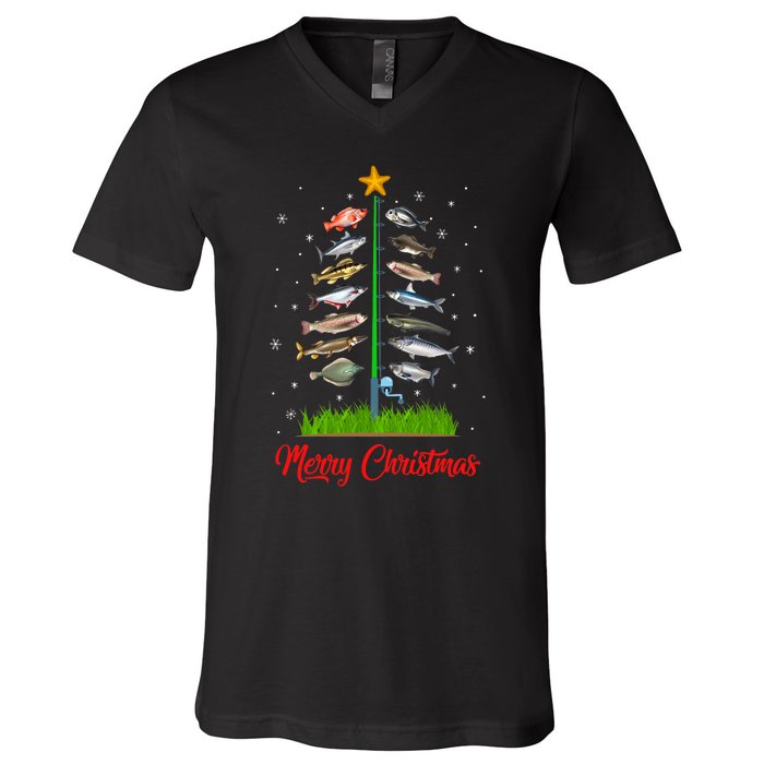 Merry Fishmas Christmas Tree Fish Fishing V-Neck T-Shirt