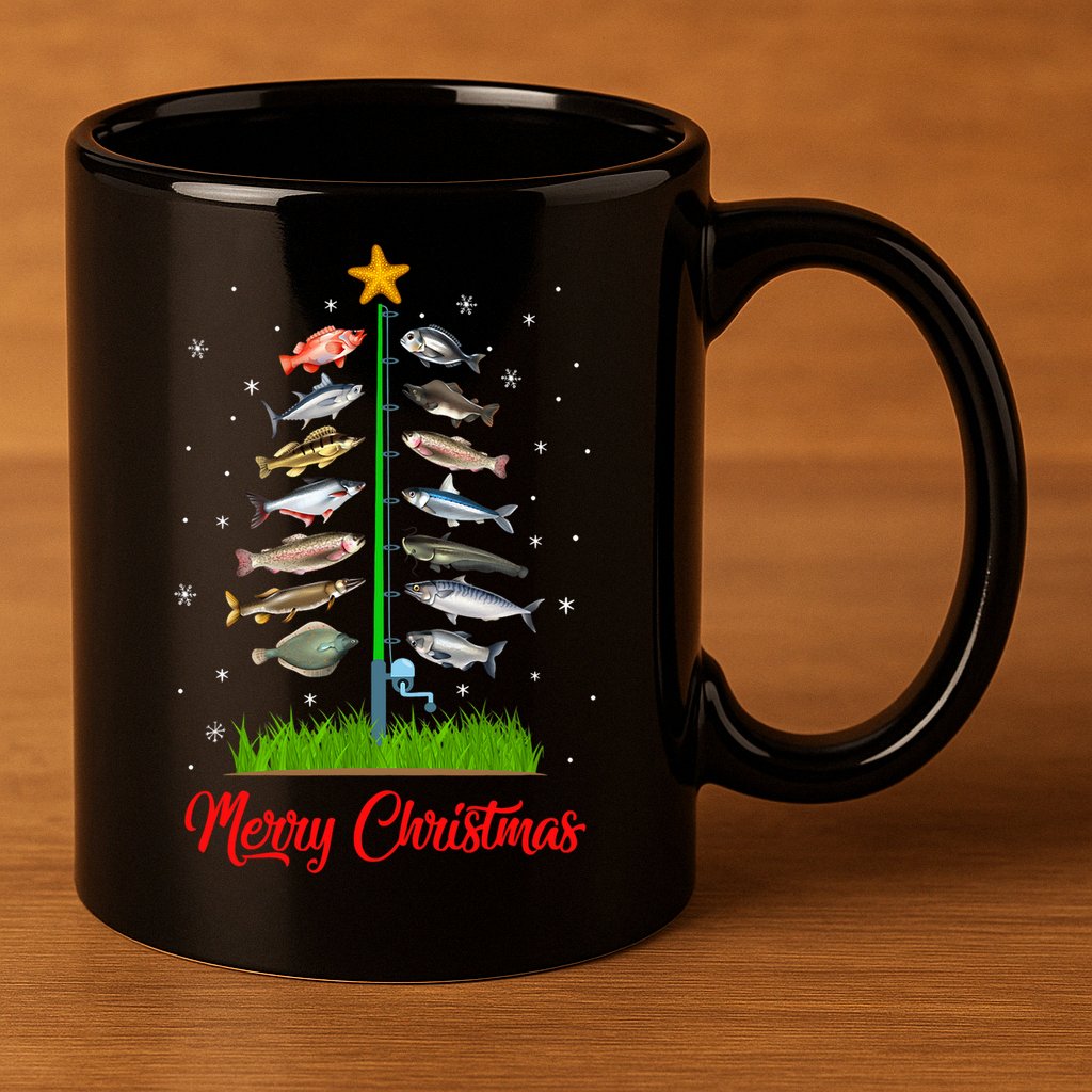 Merry Fishmas Christmas Tree Fish Fishing 11oz C Handle Ceramic Mug