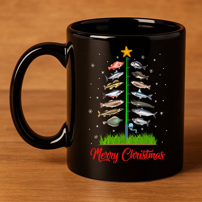 Merry Fishmas Christmas Tree Fish Fishing 11oz C Handle Ceramic Mug