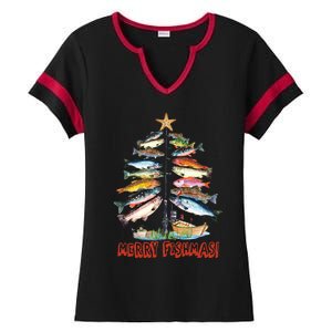 Merry Fishmas Christmas Tree Fish Fishing Ladies Halftime Notch Neck Tee