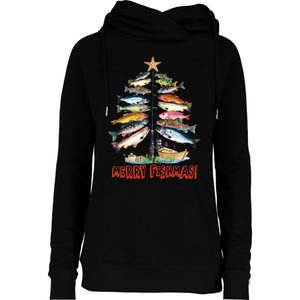 Merry Fishmas Christmas Tree Fish Fishing Womens Funnel Neck Pullover Hood