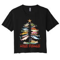 Merry Fishmas Christmas Tree Fish Fishing Women's Crop Top Tee