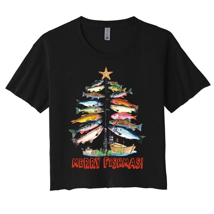 Merry Fishmas Christmas Tree Fish Fishing Women's Crop Top Tee