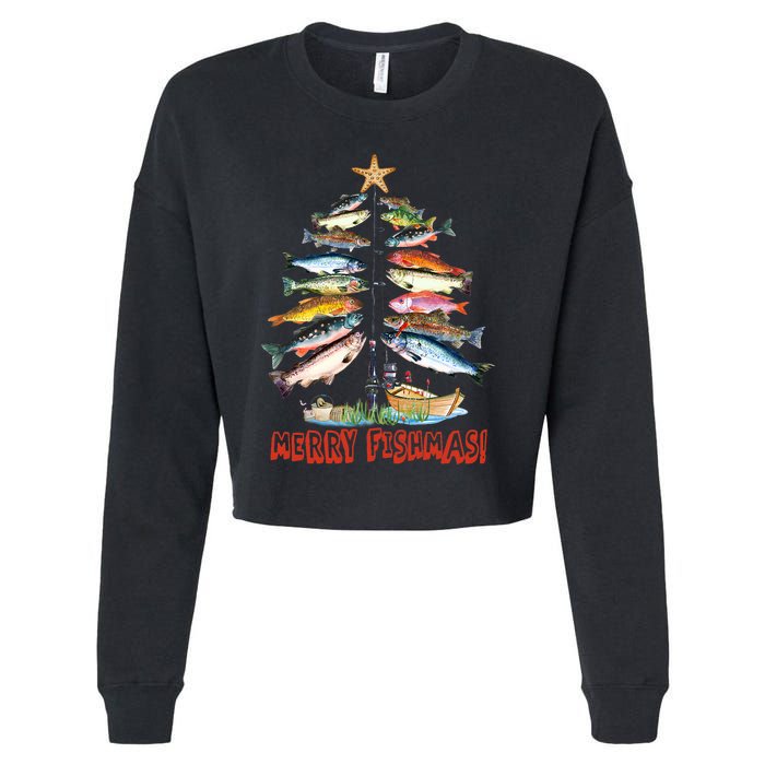 Merry Fishmas Christmas Tree Fish Fishing Cropped Pullover Crew