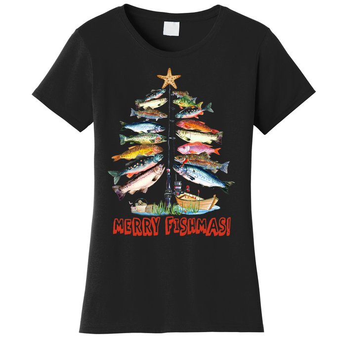 Merry Fishmas Christmas Tree Fish Fishing Women's T-Shirt