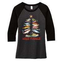 Merry Fishmas Christmas Tree Fish Fishing Women's Tri-Blend 3/4-Sleeve Raglan Shirt