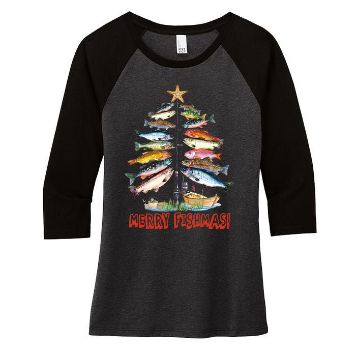 Merry Fishmas Christmas Tree Fish Fishing Women's Tri-Blend 3/4-Sleeve Raglan Shirt