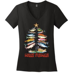 Merry Fishmas Christmas Tree Fish Fishing Women's V-Neck T-Shirt