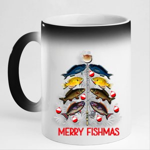 Merry Fishmas Christmas Tree Fish Fishing Fisherman Xmas 11oz Black Color Changing Mug