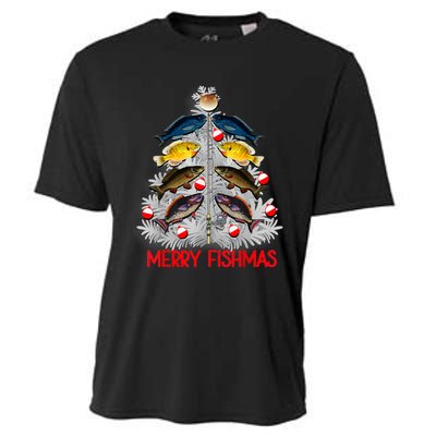 Merry Fishmas Christmas Tree Fish Fishing Fisherman Xmas Cooling Performance Crew T-Shirt