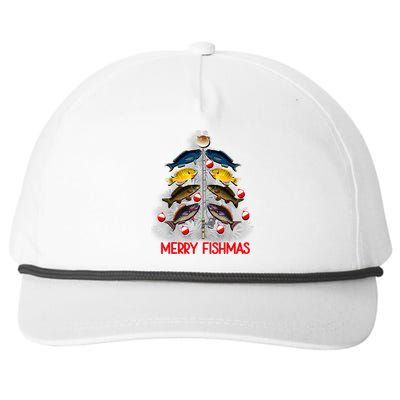 Merry Fishmas Christmas Tree Fish Fishing Fisherman Xmas Snapback Five-Panel Rope Hat