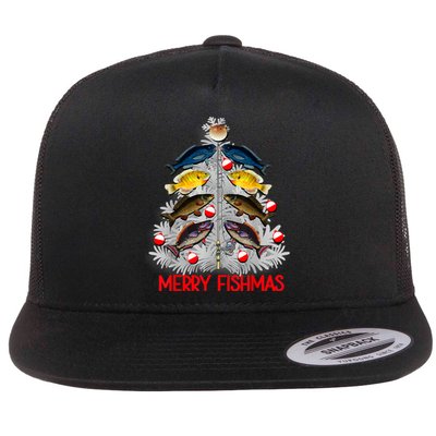 Merry Fishmas Christmas Tree Fish Fishing Fisherman Xmas Flat Bill Trucker Hat