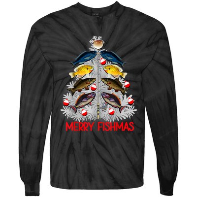 Merry Fishmas Christmas Tree Fish Fishing Fisherman Xmas Tie-Dye Long Sleeve Shirt