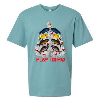 Merry Fishmas Christmas Tree Fish Fishing Fisherman Xmas Sueded Cloud Jersey T-Shirt