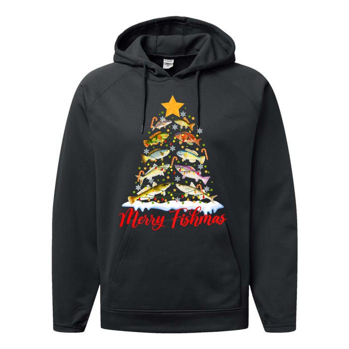 Merry Fishmas Christmas Tree Fish Fishing Fisherman Xmas Performance Fleece Hoodie