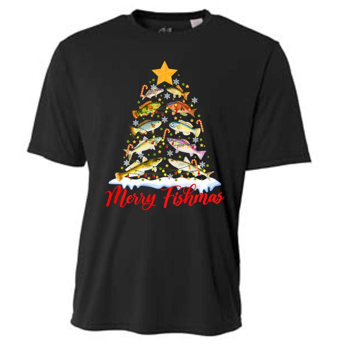 Merry Fishmas Christmas Tree Fish Fishing Fisherman Xmas Cooling Performance Crew T-Shirt