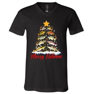 Merry Fishmas Christmas Tree Fish Fishing Fisherman Xmas V-Neck T-Shirt