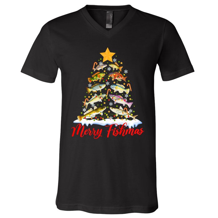 Merry Fishmas Christmas Tree Fish Fishing Fisherman Xmas V-Neck T-Shirt