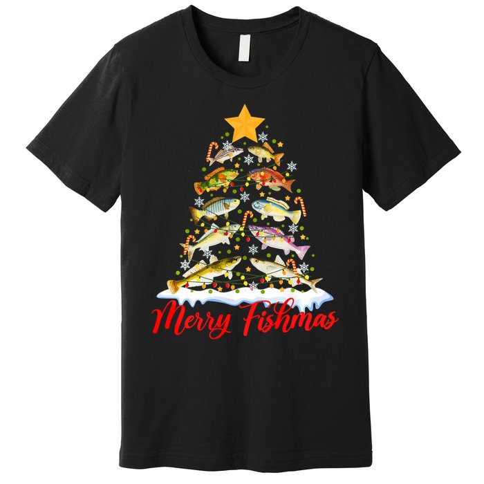 Merry Fishmas Christmas Tree Fish Fishing Fisherman Xmas Premium T-Shirt