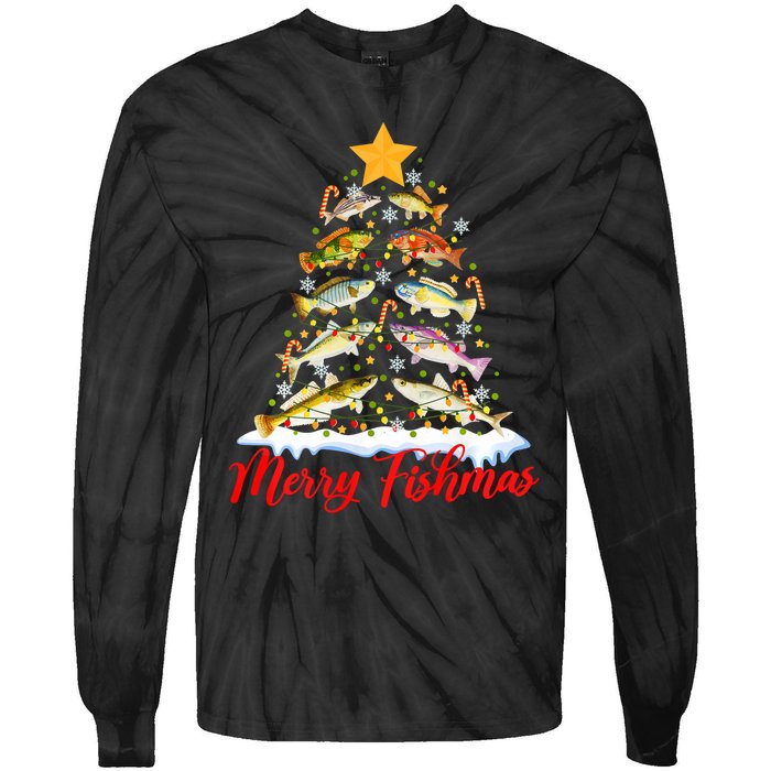 Merry Fishmas Christmas Tree Fish Fishing Fisherman Xmas Tie-Dye Long Sleeve Shirt