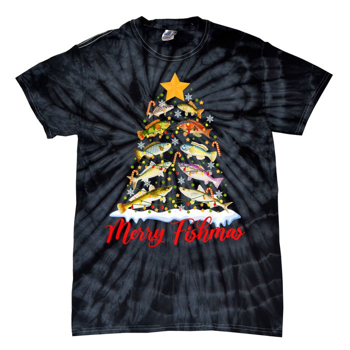 Merry Fishmas Christmas Tree Fish Fishing Fisherman Xmas Tie-Dye T-Shirt