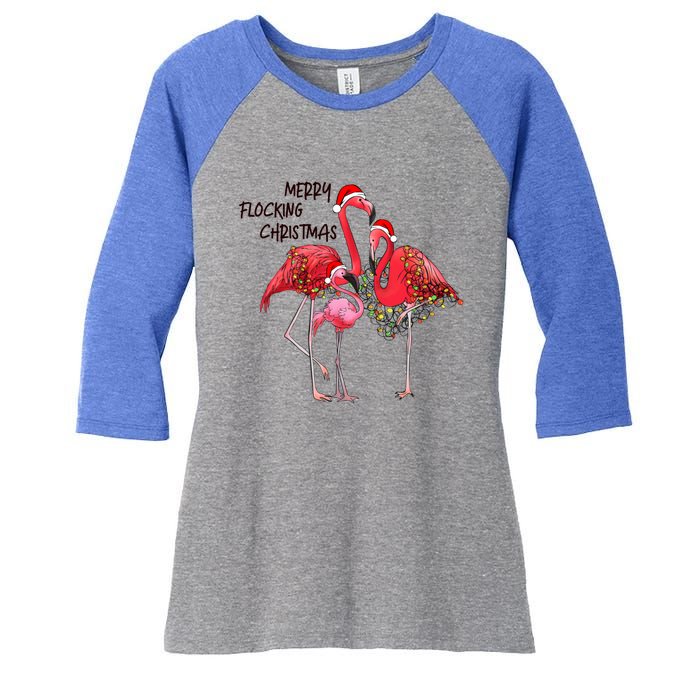 Merry Flocking Christmas Day Pink Flamingo Xmas Holidays Cool Gift Women's Tri-Blend 3/4-Sleeve Raglan Shirt