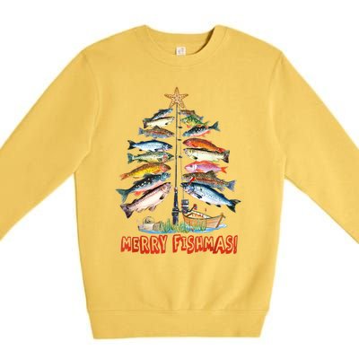 Merry Fishmas Christmas Tree Fish Funny Fishing Premium Crewneck Sweatshirt