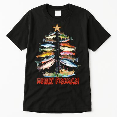 Merry Fishmas Christmas Tree Fish Funny Fishing Tall T-Shirt