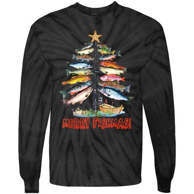 Merry Fishmas Christmas Tree Fish Funny Fishing Tie-Dye Long Sleeve Shirt