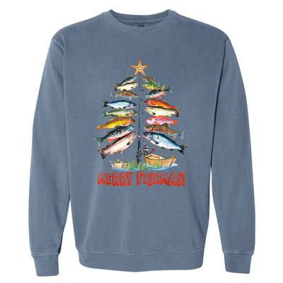 Merry Fishmas Christmas Tree Fish Funny Fishing Garment-Dyed Sweatshirt