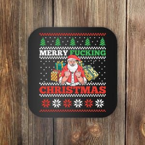 Merry Fucking Christmas Adult Humor Santa Pun Ugly Sweater Coaster