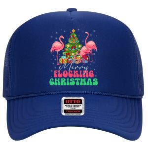 Merry Flocking Christmas Flamingo Xmas Gift High Crown Mesh Back Trucker Hat