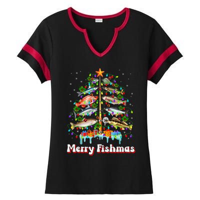 Merry Fishmas Christmas Tree Funny Fish Fishing Fisherman Ladies Halftime Notch Neck Tee