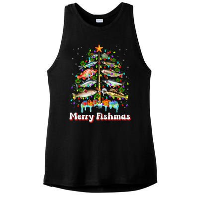 Merry Fishmas Christmas Tree Funny Fish Fishing Fisherman Ladies PosiCharge Tri-Blend Wicking Tank