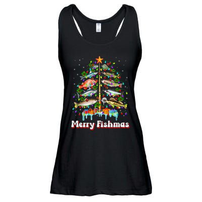 Merry Fishmas Christmas Tree Funny Fish Fishing Fisherman Ladies Essential Flowy Tank