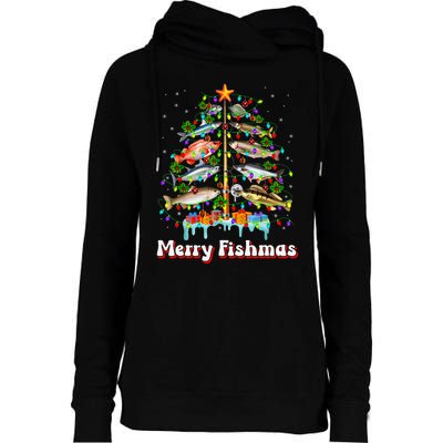 Merry Fishmas Christmas Tree Funny Fish Fishing Fisherman Womens Funnel Neck Pullover Hood