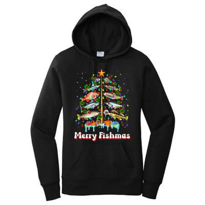 Merry Fishmas Christmas Tree Funny Fish Fishing Fisherman Women's Pullover Hoodie