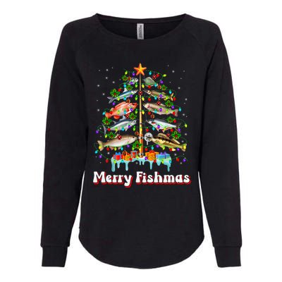 Merry Fishmas Christmas Tree Funny Fish Fishing Fisherman Womens California Wash Sweatshirt