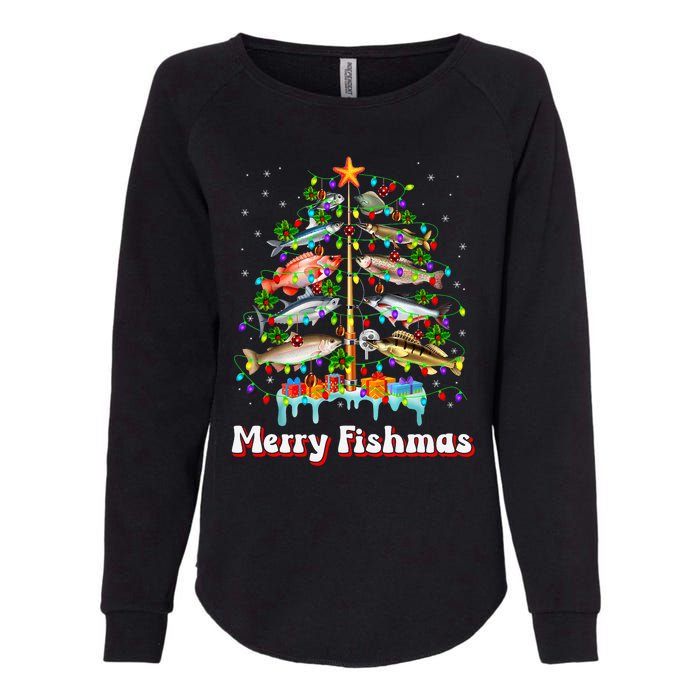 Merry Fishmas Christmas Tree Funny Fish Fishing Fisherman Womens California Wash Sweatshirt