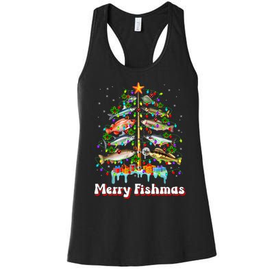 Merry Fishmas Christmas Tree Funny Fish Fishing Fisherman Women's Racerback Tank